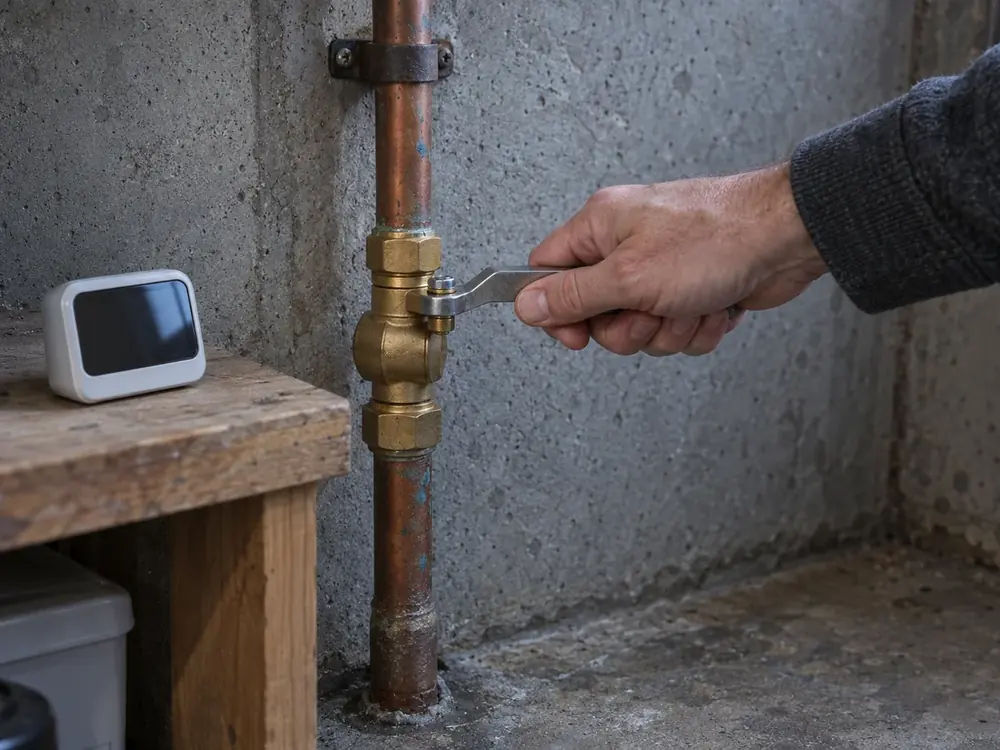 Illustration of a hand turning a basement water shutoff valve beside a kitchen timer.