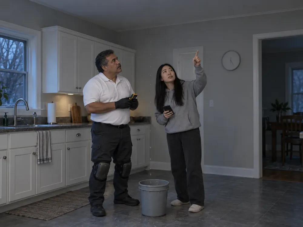 Technician with a moisture meter talking to a homeowner holding a phone beside a bucket catching drips