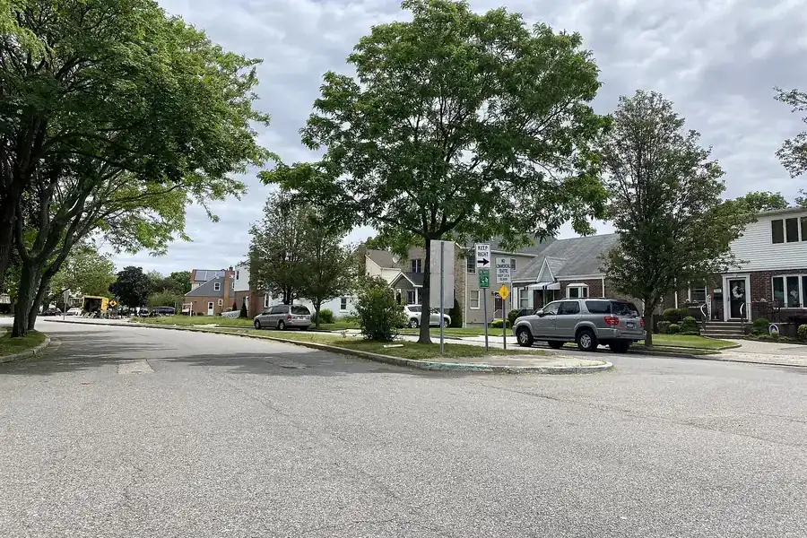 Quiet residential street with a leafy tree, houses and parked cars in North New Hyde Park, New York